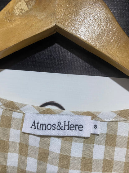 ATMOS & HERE |L| BUST 18| TAN & WHITE GINGHAM TIE-FRONT PEASANT BLOUSE