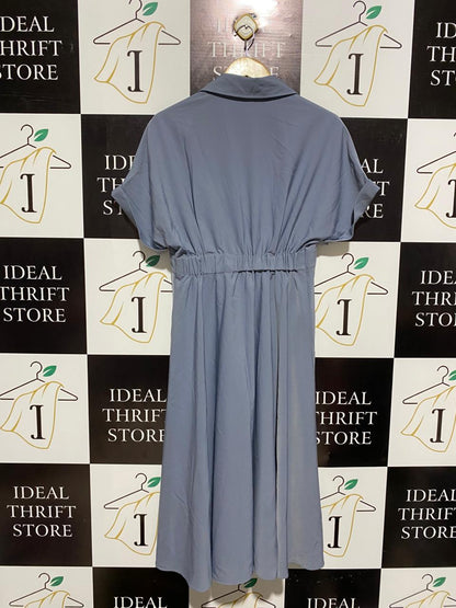 THEORY TAYLOR |S| BUST FREE|B12| DUSTY BLUE SHIRRED WAIST MIDI SHIRT DRESS