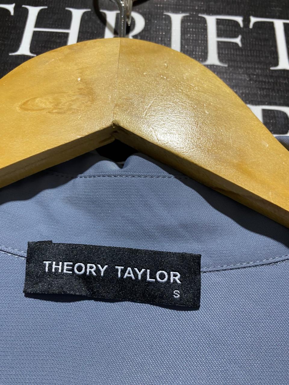 THEORY TAYLOR |S| BUST FREE|B12| DUSTY BLUE SHIRRED WAIST MIDI SHIRT DRESS