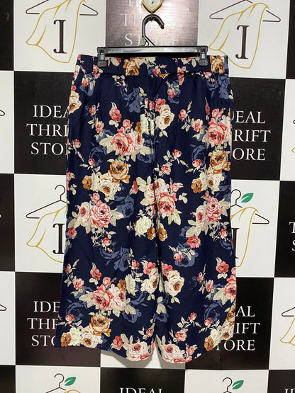 WOMAN |XL| WAIST 33|C1| VIBRANT NAVY BLUE FLORAL PRINT WIDE-LEG CULOTTES WITH HIGH WAIST