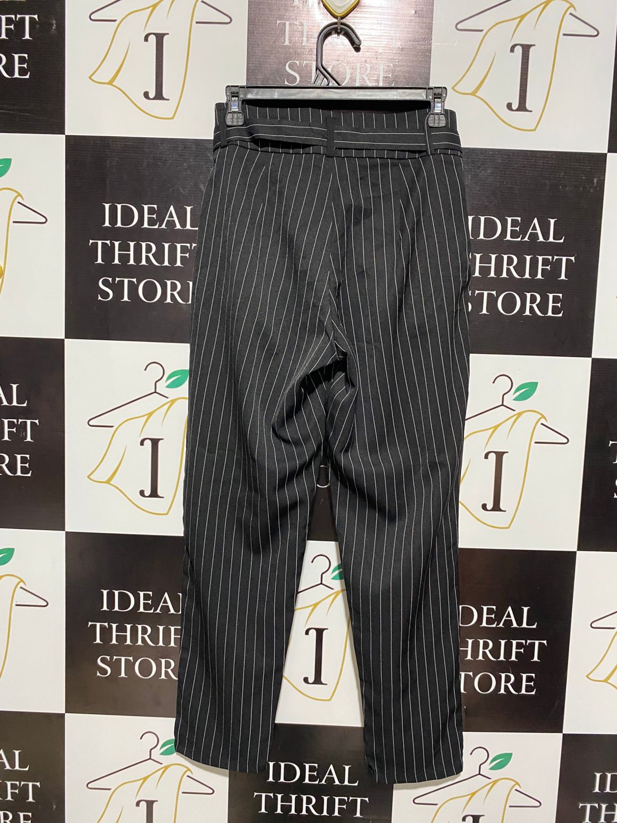 MISS VALLEY |M| WAIST 28| ELEGANT BLACK PINSTRIPE TAPERED TROUSERS WITH SELF-TIE BELT