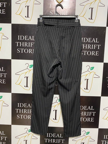 MISS VALLEY |M| WAIST 28| ELEGANT BLACK PINSTRIPE TAPERED TROUSERS WITH SELF-TIE BELT