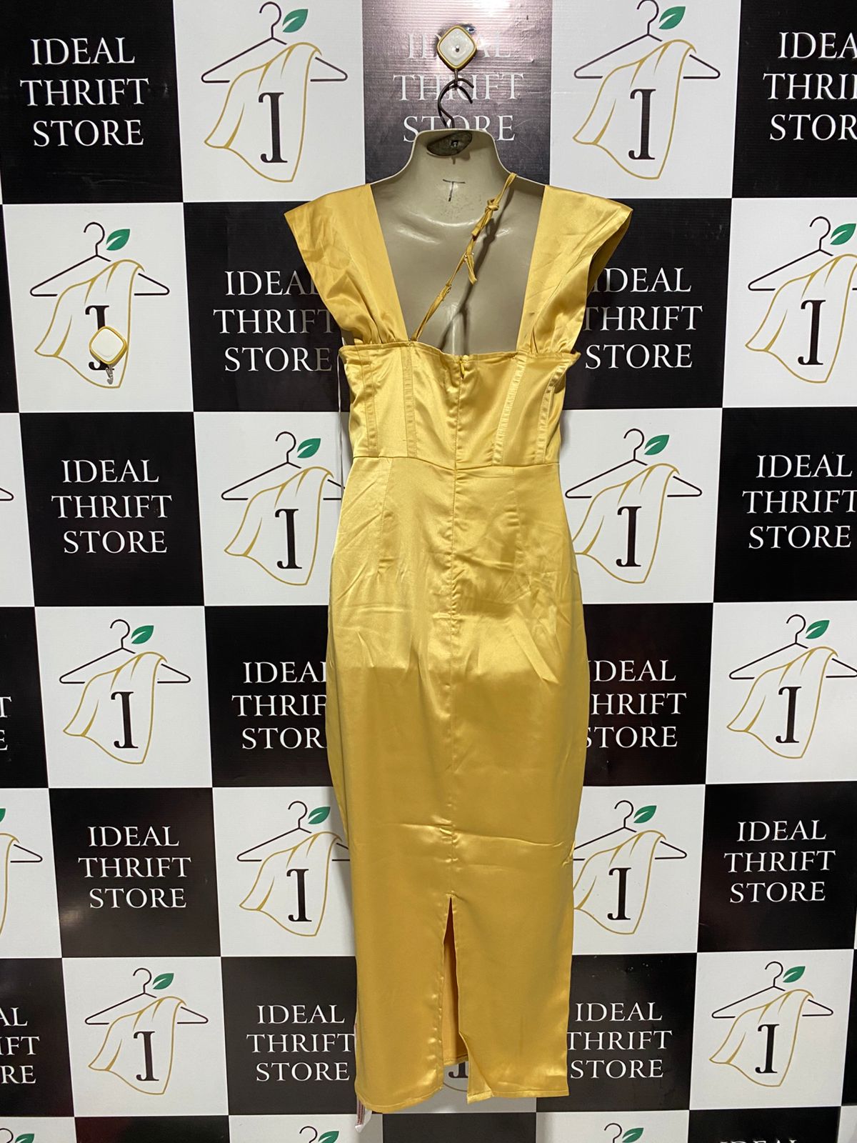 LUXURY GOLDEN SATIN CORSET MIDI DRESS WITH DRAPED NECKLINE |M| BUST 17|