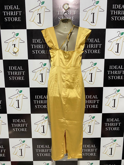 LUXURY GOLDEN SATIN CORSET MIDI DRESS WITH DRAPED NECKLINE |M| BUST 17|