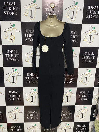 SUN |L| BUST 16| CHIC BLACK LONG-SLEEVE MAXI DRESS - SQUARE NECK WITH WHITE PIPING