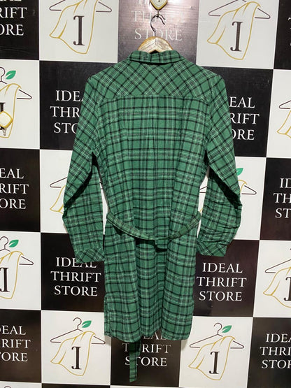 ESMARA |XL| BUST 23|B12|WOMEN'S GREEN CHECKERED BUTTON-DOWN PLAID SHIRT DRESS WITH WAIST TIE
