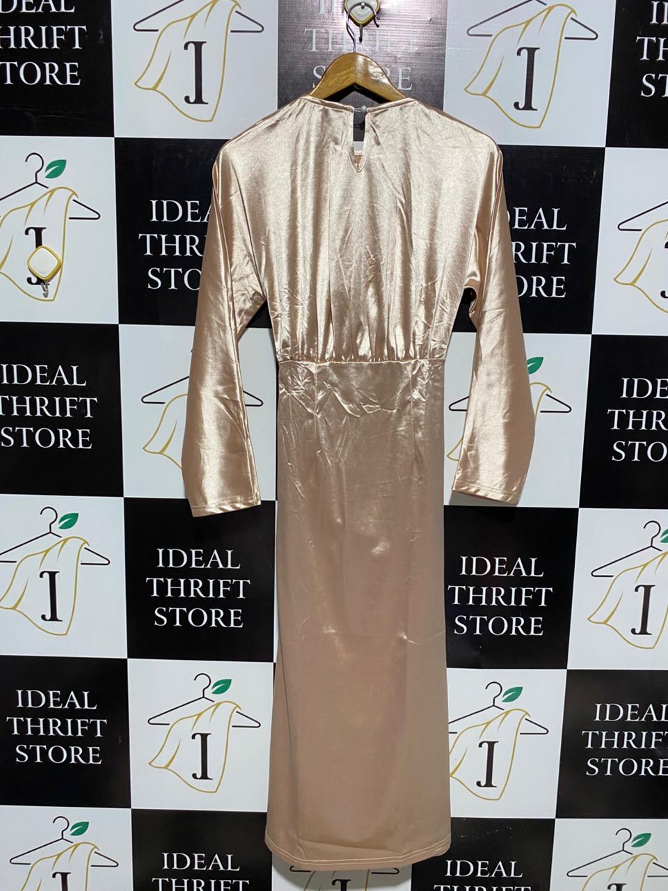 SHEIN |M| BUST FREE| C6|  WOMEN'S METALLIC CHAMPAGNE LONG SLEEVE RUCHED MAXI DRESS
