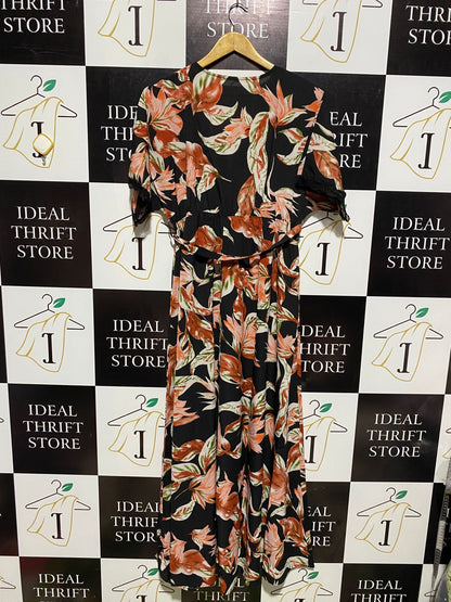 WOMEN'S TROPICAL FLORAL V-NECK MAXI DRESS WITH LACE TRIM SLEEVES |L| BUST FREE |