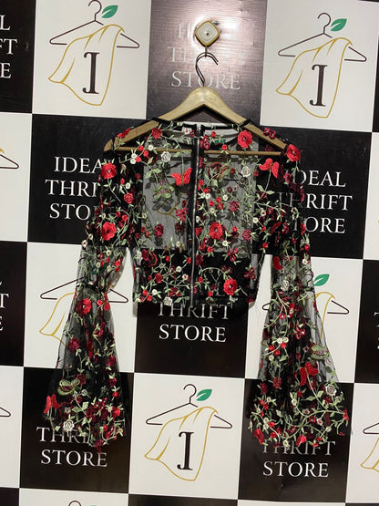 SHEIN |L| BUST 18| WOMEN'S SHEER BLACK MESH CROP TOP WITH RED FLORAL EMBROIDERY AND BELL SLEEVES