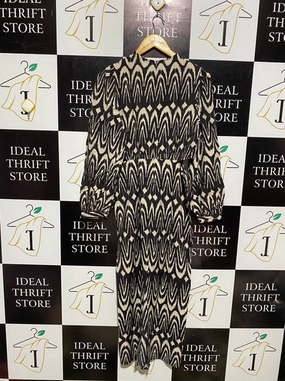 ZARA |S| BUST 18|  C6| WOMEN'S BLACK AND CREAM ABSTRACT GEOMETRIC PRINT MIDI DRESS WITH SIDE CUT-OUTS