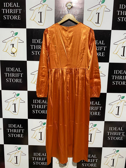 SHEIN |L| BUST 18| C5| WOMEN'S METALLIC BRONZE SATIN LONG SLEEVE MAXI DRESS WITH GATHERED EMPIRE WAIST