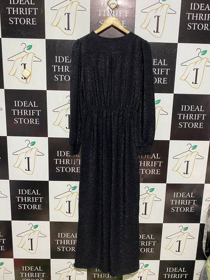 MNG |M| BUST 17| WOMEN'S SHIMMERING BLACK LONG SLEEVE V-NECK JUMPSUIT WITH WIDE-LEG SILHOUETTE
