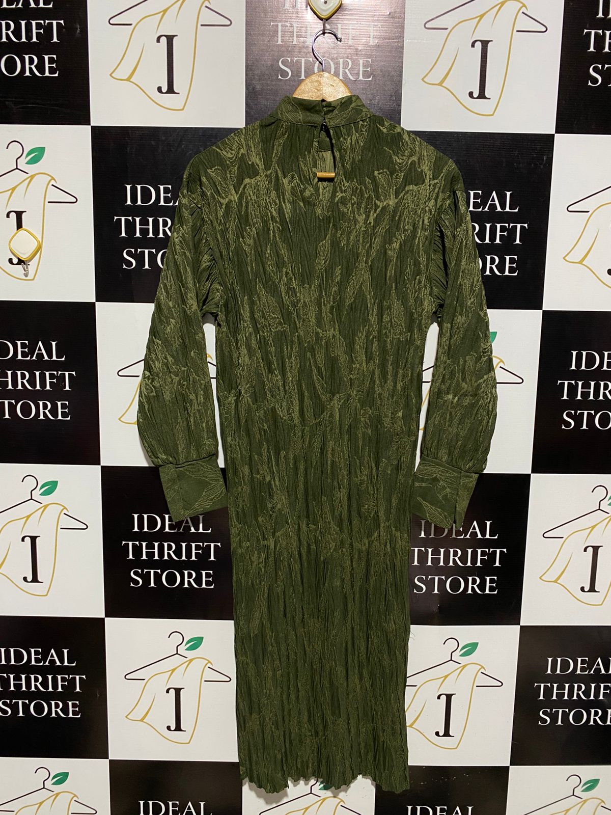 ZARA |M| BUST 17| C6| WOMEN'S OLIVE GREEN TEXTURED CRINKLE-FABRIC LONG SLEEVE MAXI DRESS
