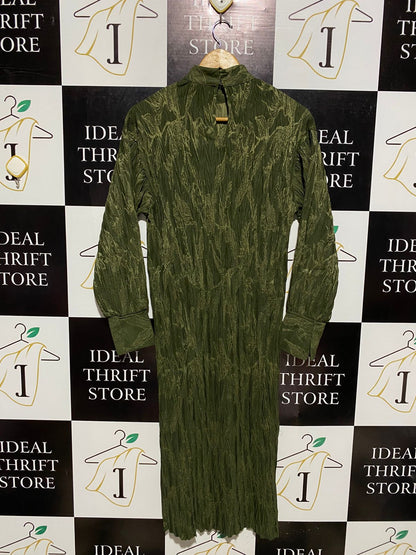 ZARA |M| BUST 17| C6| WOMEN'S OLIVE GREEN TEXTURED CRINKLE-FABRIC LONG SLEEVE MAXI DRESS