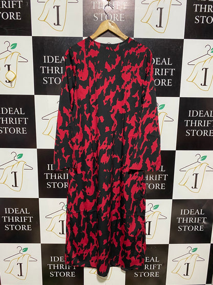 NEW LOOK |L| BUST 18| C6| RED AND BLACK ABSTRACT PRINT V-NECK MIDI DRESS
