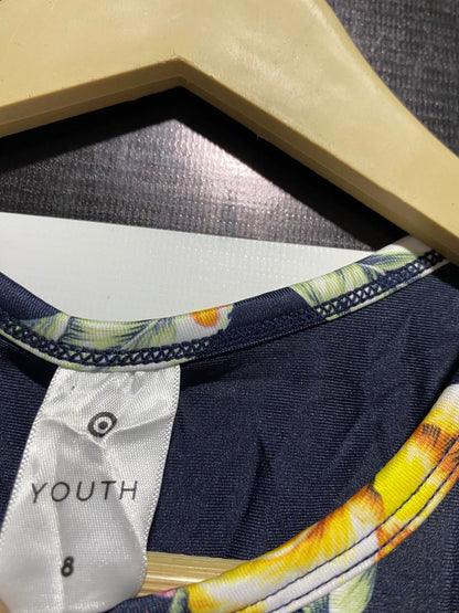 YOUTH |XS| BUST 11| VIBRANT NAVY TROPICAL FLORAL PRINT ACTIVEWEAR SPORTS BRA