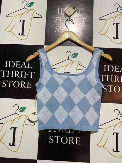 ALLY |M| BUST 14| ALLY BLUE AND WHITE ARGYLE KNIT CROPPED TANK TOP