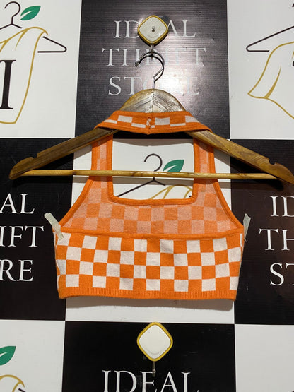 PRINCESS POLLY |XS| BUST 12| RETRO ORANGE & WHITE CHECKERED KNIT HALTER CROP TOP
