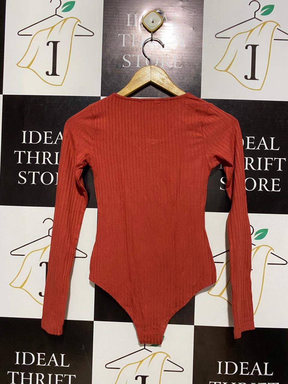 SELECT |S| BUST 12| TERRACOTTA RIBBED LONG SLEEVE ZIP-FRONT BODYSUIT