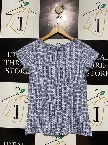 JANINA |XS| BUST 16| C1| BLUE GEOMETRIC PRINT RUFFLE SLEEVE TOP