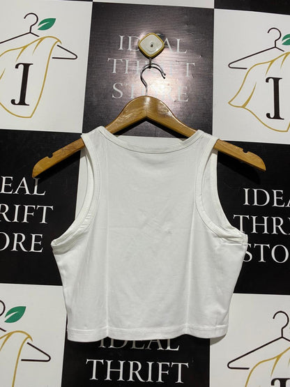 WHITE HIGH-NECK RACERBACK COTTON CROP TOP |S| BUST 15|