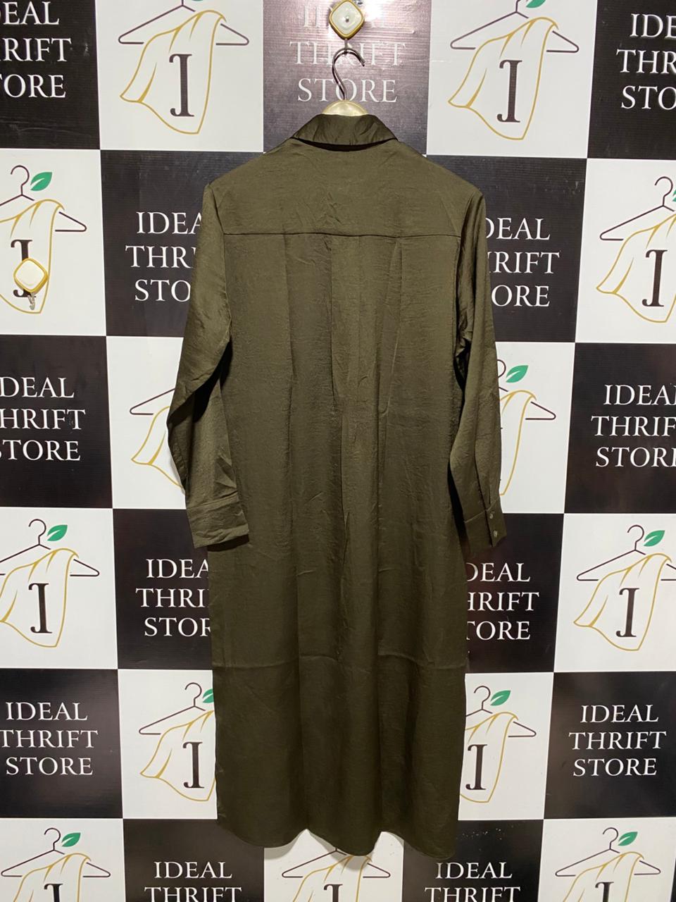 PRIMARK |M| BUST 21| OLIVE GREEN SATIN MAXI SHIRT DRESS