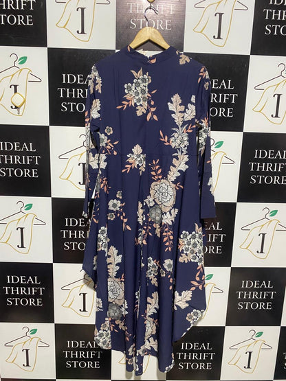 STELLA |M| BUST 18| C6| NAVY BLUE FLORAL LONG SLEEVE HI-LOW TUNIC DRESS