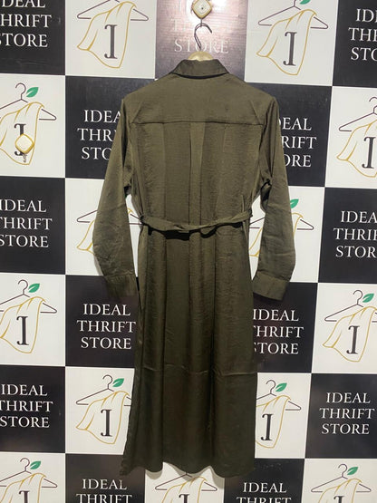 PRIMARK |M| BUST 20| C3| OLIVE GREEN SATIN MAXI SHIRT DRESS
