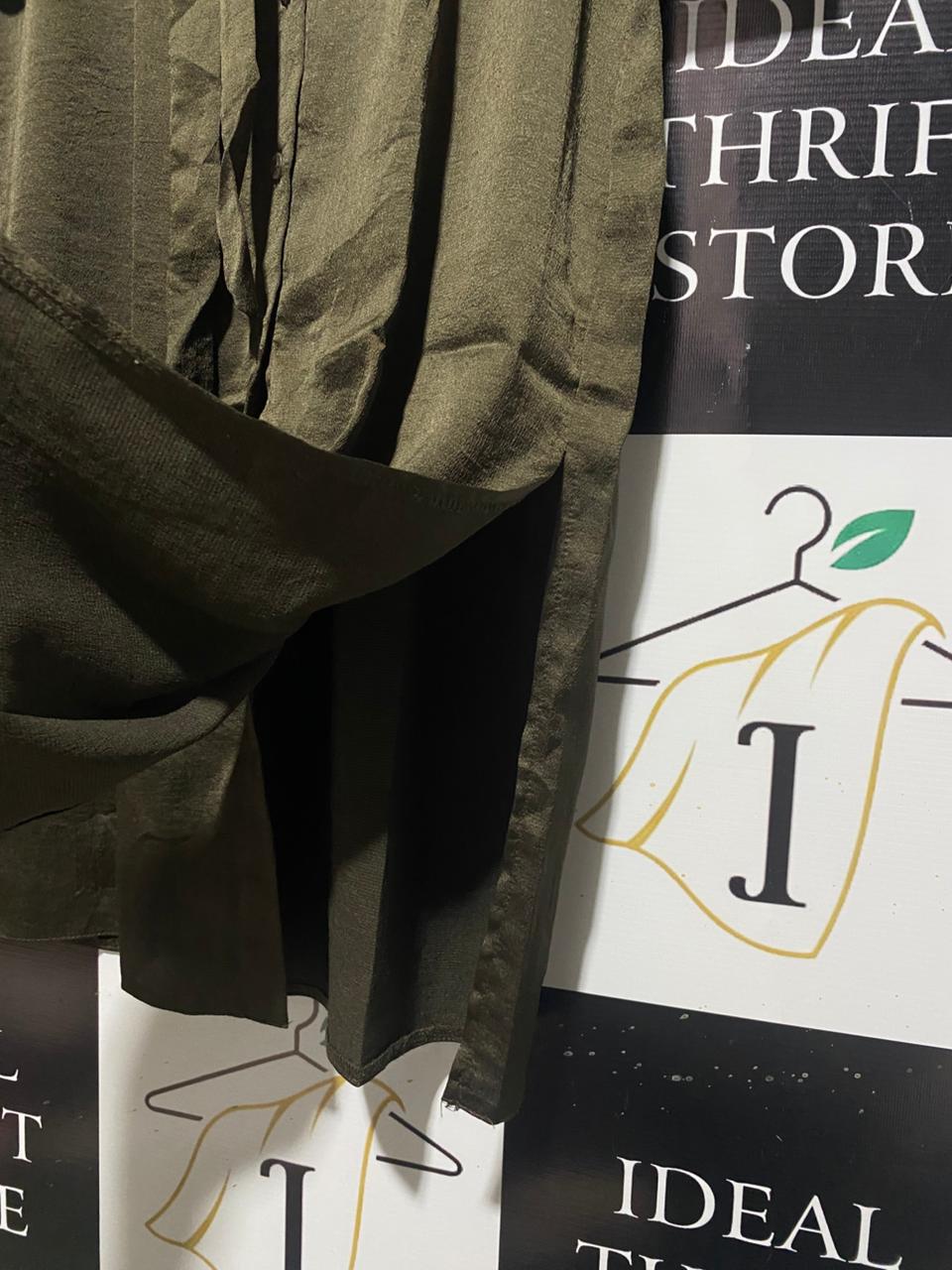 PRIMARK |M| BUST 20| C3| OLIVE GREEN SATIN MAXI SHIRT DRESS