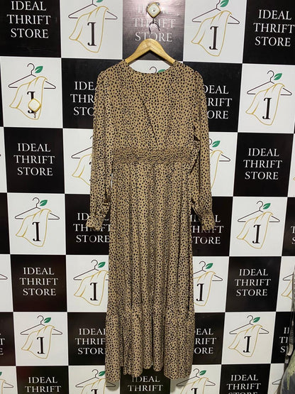 SHEIN |L| BUST 18| C6| TAN DALMATIAN PRINT MAXI DRESS WITH SMOCKED WAIST