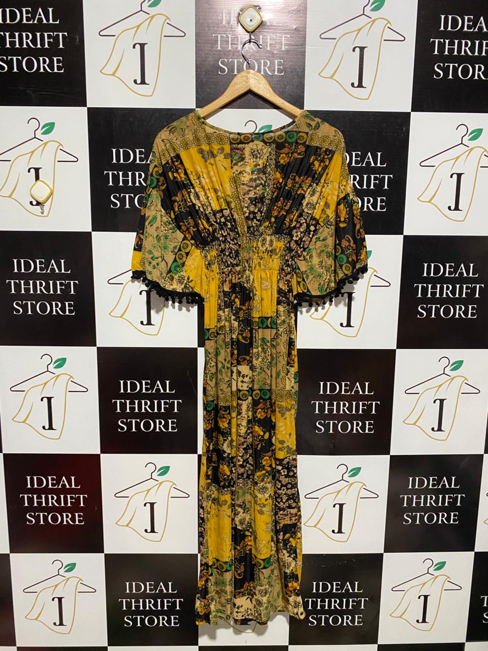KELLY ENIE |M| B3| BUST FREE|  MUSTARD BOHEMIAN PATCHWORK MAXI DRESS
