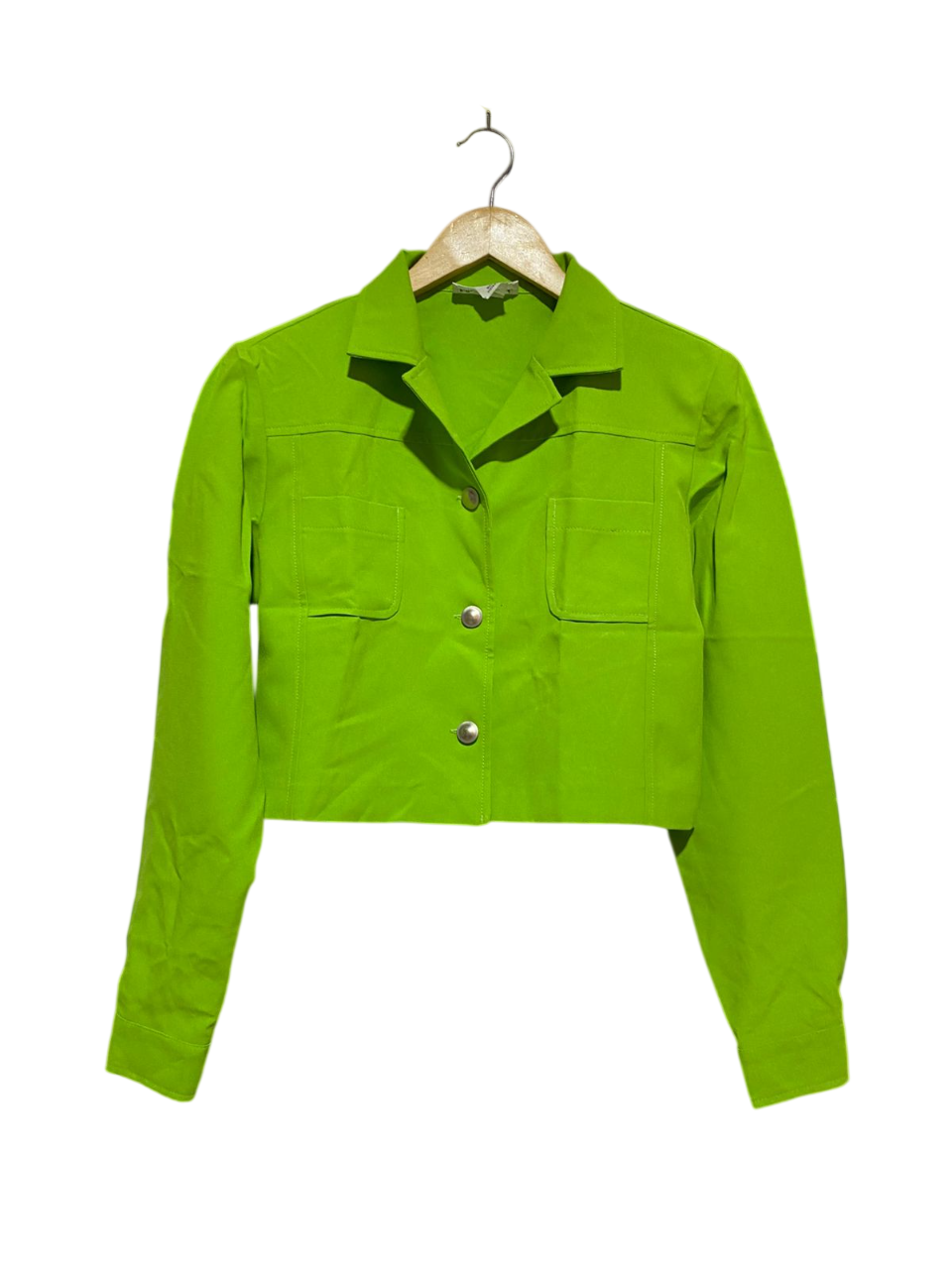 MAX TREND |M| BUST 19| VIBRANT LIME GREEN CROPPED BUTTON-UP UTILITY JACKET - LONG SLEEVE