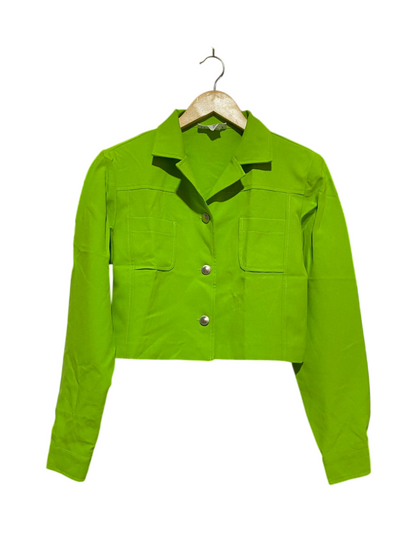 MAX TREND |M| BUST 19| VIBRANT LIME GREEN CROPPED BUTTON-UP UTILITY JACKET - LONG SLEEVE