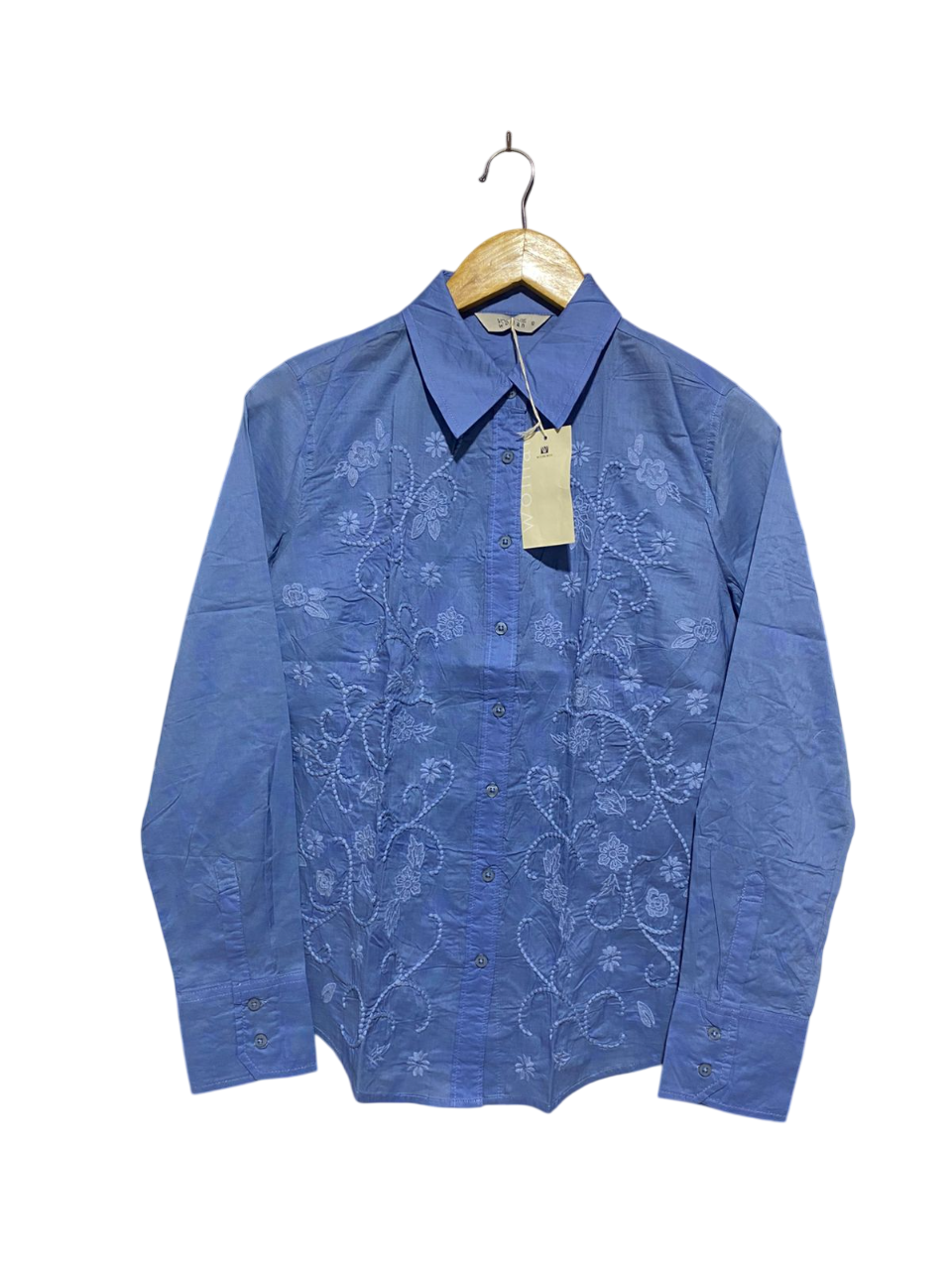 WOOL WORTHS |L| BUST 19| WOMAN BLUE LONG SLEEVE BUTTON-DOWN SHIRT WITH FLORAL EMBROIDERY