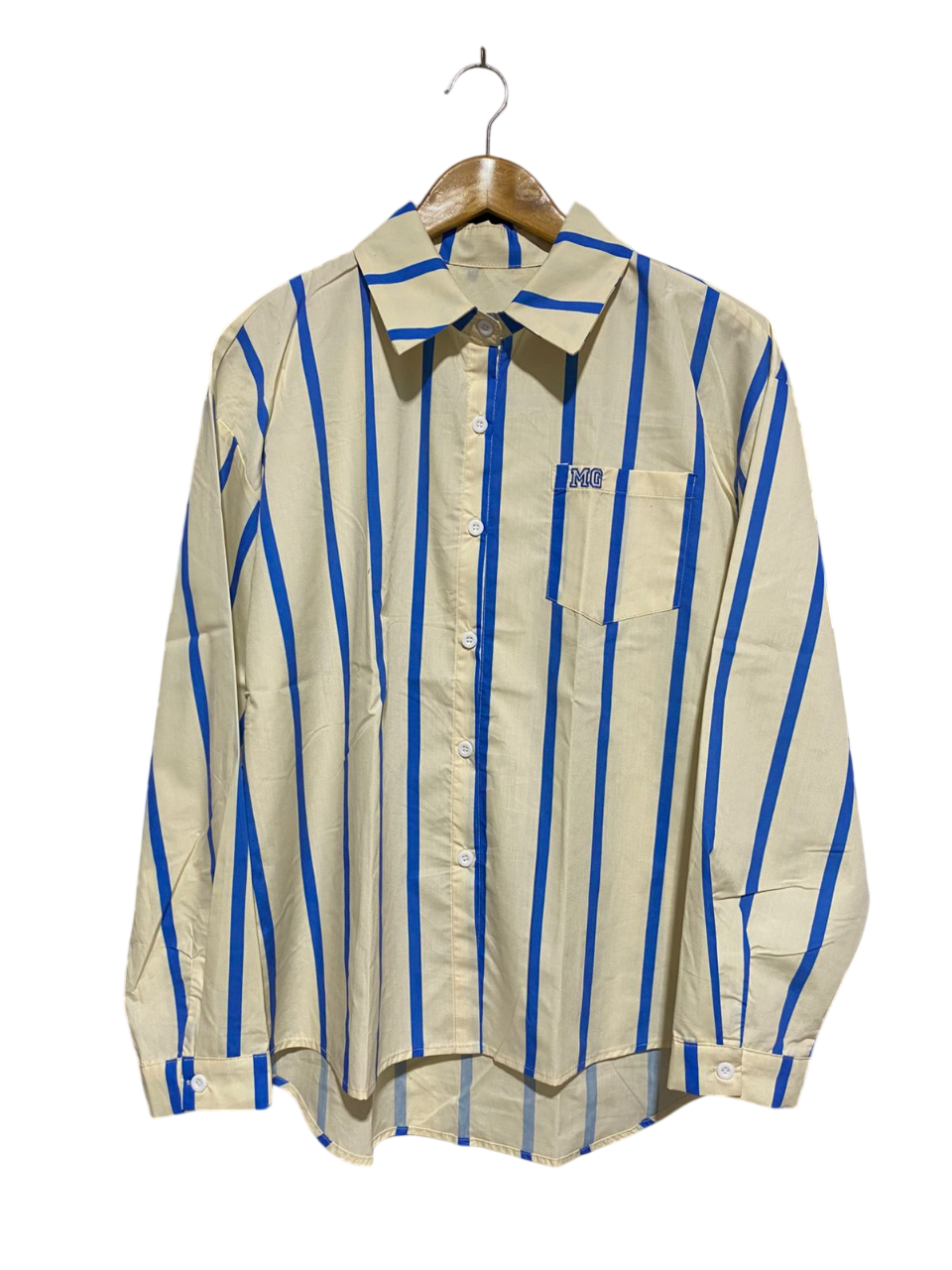 |M| BUST 21|C9| VINTAGE STYLE CREAM AND BLUE VERTICAL STRIPED BUTTON-DOWN SHIRT