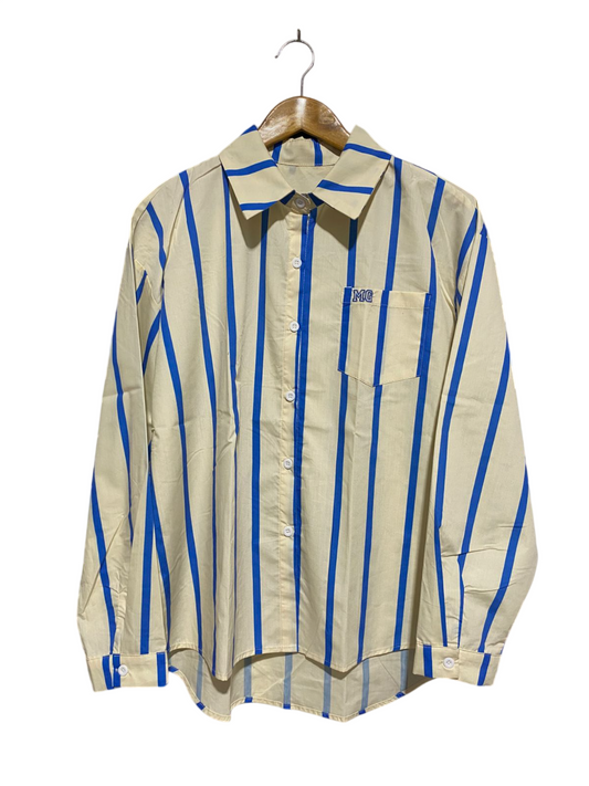 |M| BUST 21| VINTAGE STYLE CREAM AND BLUE VERTICAL STRIPED BUTTON-DOWN SHIRT