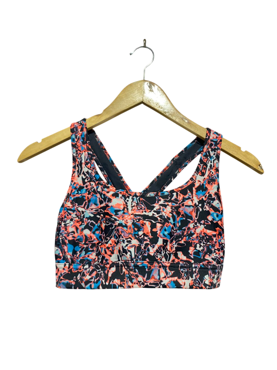 UNDER ARMOUR |S| BUST 12| MULTICOLOR ABSTRACT PRINT SPORTS BRA WITH CRISS-CROSS BACK