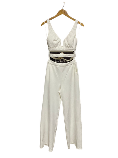 WHYTE VALENTYNE |M| IDEAL LUXE WHITE V-NECK CUT-OUT JUMPSUIT