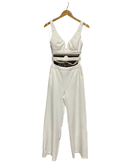 WHYTE VALENTYNE |M| IDEAL LUXE WHITE V-NECK CUT-OUT JUMPSUIT