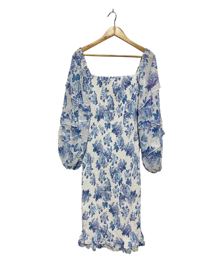 SAO BY DEE |M| BUST 15| C6| BLUE FLORAL SMOCKED MINI DRESS WITH PUFF SLEEVES