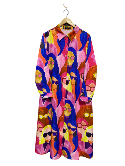 SHEIN CURVE |XL| BUST 23| C6| VIBRANT MULTICOLOR ARTISTIC PORTRAIT PRINT MAXI SHIRT DRESS