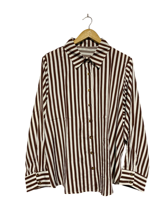 |XL| BUST 24| BROWN AND WHITE VERTICAL STRIPED BUTTON-DOWN SHIRT