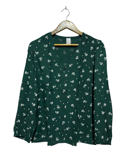 ANKO |L| BUST 20| WOMEN’S DARK GREEN FLORAL V-NECK BUTTON-DOWN BLOUSE