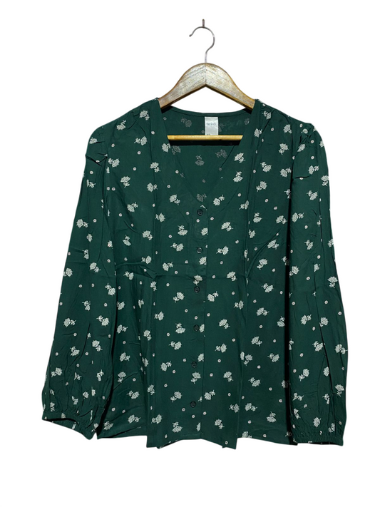 ANKO |L| BUST 20| WOMEN’S DARK GREEN FLORAL V-NECK BUTTON-DOWN BLOUSE