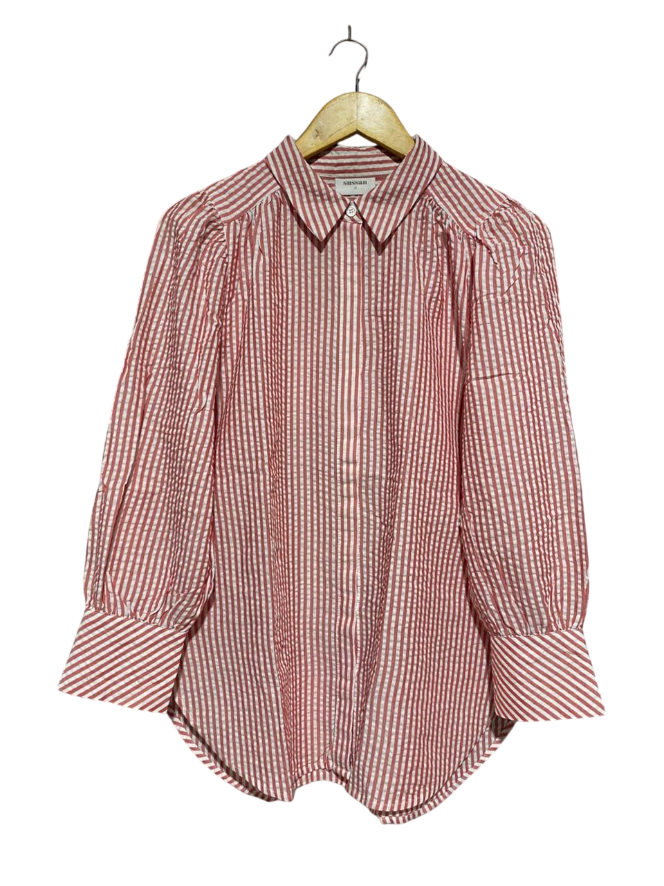 SUSSAN |L| BUST 22| RED AND WHITE VERTICAL STRIPED SEERSUCKER BUTTON