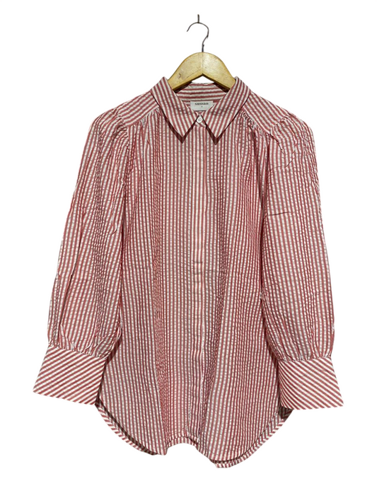 SUSSAN |L| BUST 22| RED AND WHITE VERTICAL STRIPED SEERSUCKER BUTTON