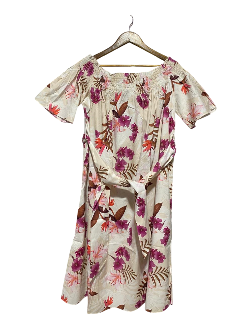 WITCHERY |L| BUST FREE | C6| TROPICAL FLORAL OFF-THE-SHOULDER SMOCKED MIDI DRESS