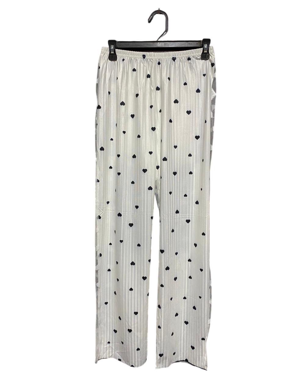 |M| WAIST 27|C1| WOMEN’S CHIC WHITE SATIN-FINISH TROUSERS NAVY HEART PRINT