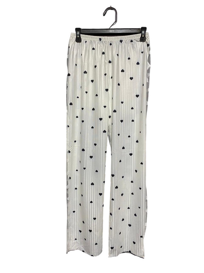 |M| WAIST 27|C1| WOMEN’S CHIC WHITE SATIN-FINISH TROUSERS NAVY HEART PRINT