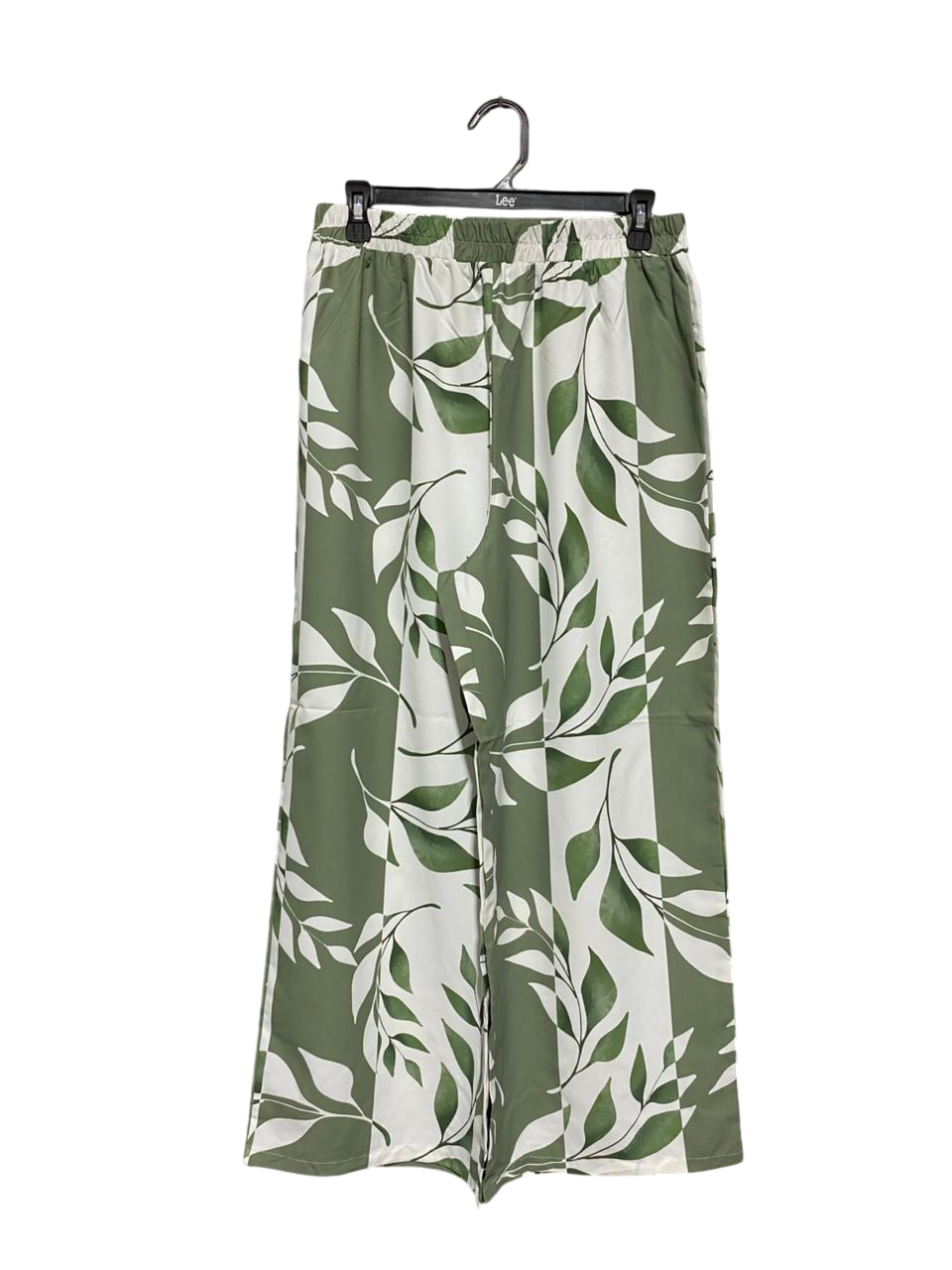 |L| WAIST 28| GREEN AND WHITE BOTANICAL WOMEN’S WIDE-LEG PALAZZO PANTS